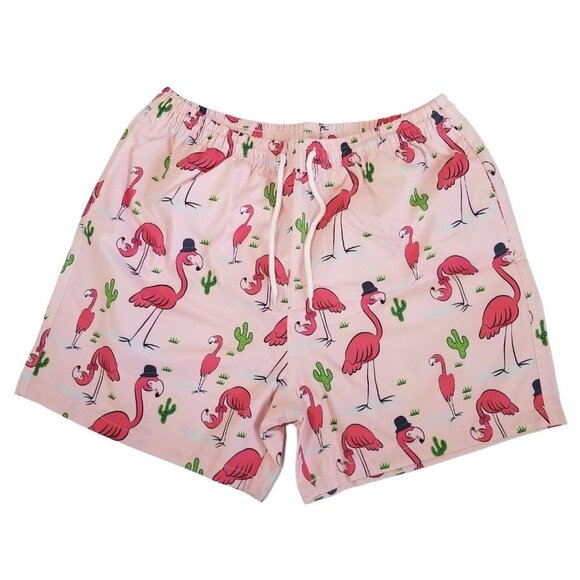 NEW SHEIN Men Flamingo‎ Print Drawstring Waist Swim Trunks SIze L Color Pink - Picture 1 of 8
